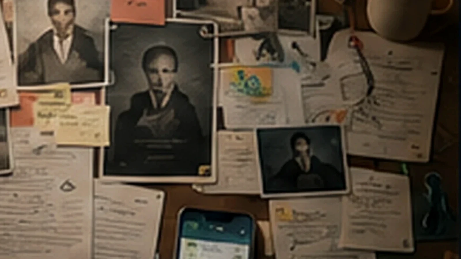Masă de lucru cu fotografii, documente, telefon și alte piese de probă