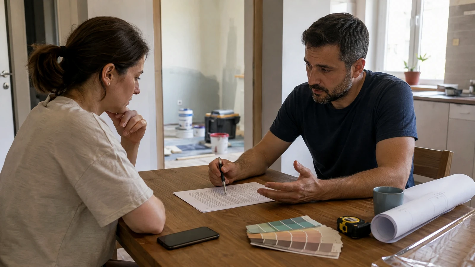 Două persoane analizează documente la o masă de negociere