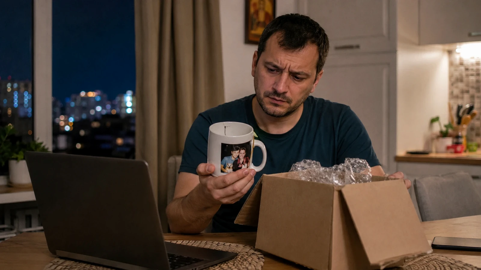 Cumpărător online cu laptop și colete