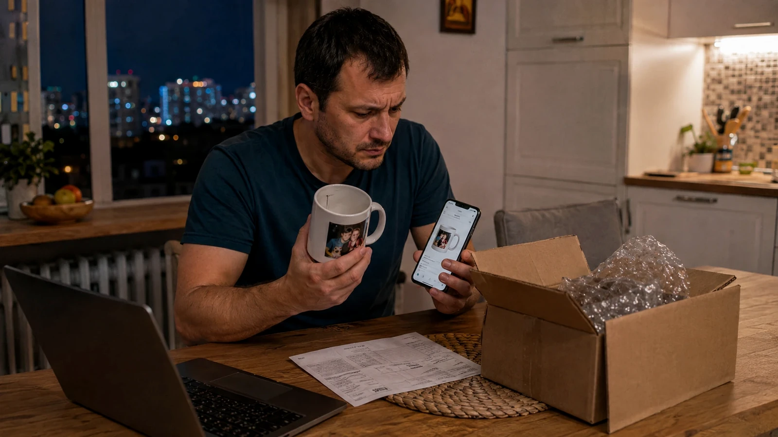 Cumpărător care deschide un colet lângă laptop