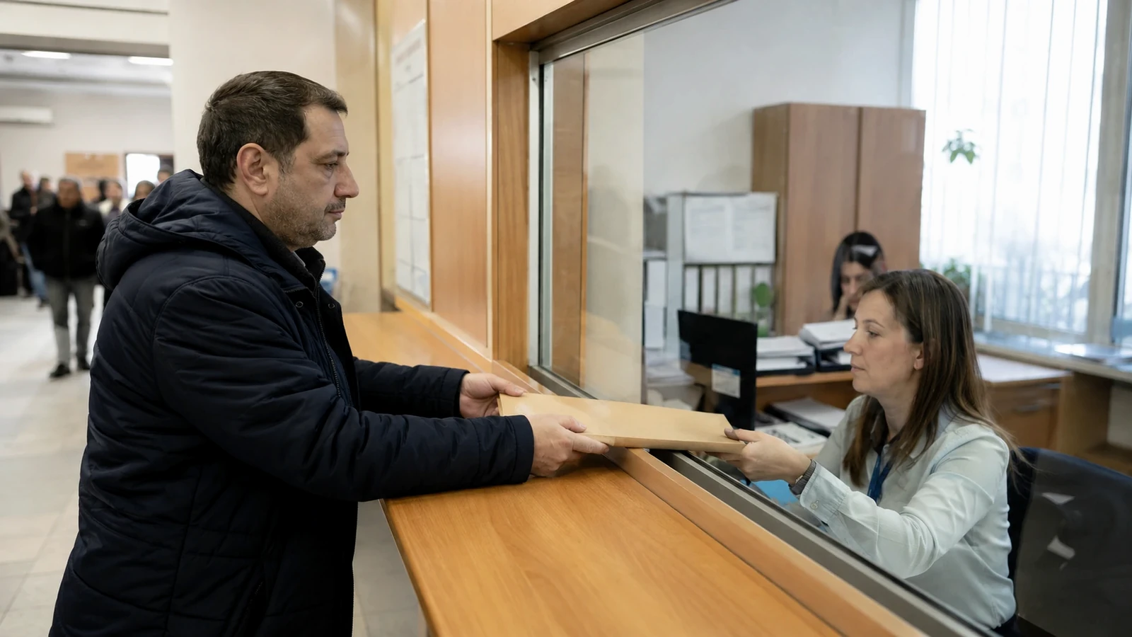 Persoană care depune documente la un ghișeu