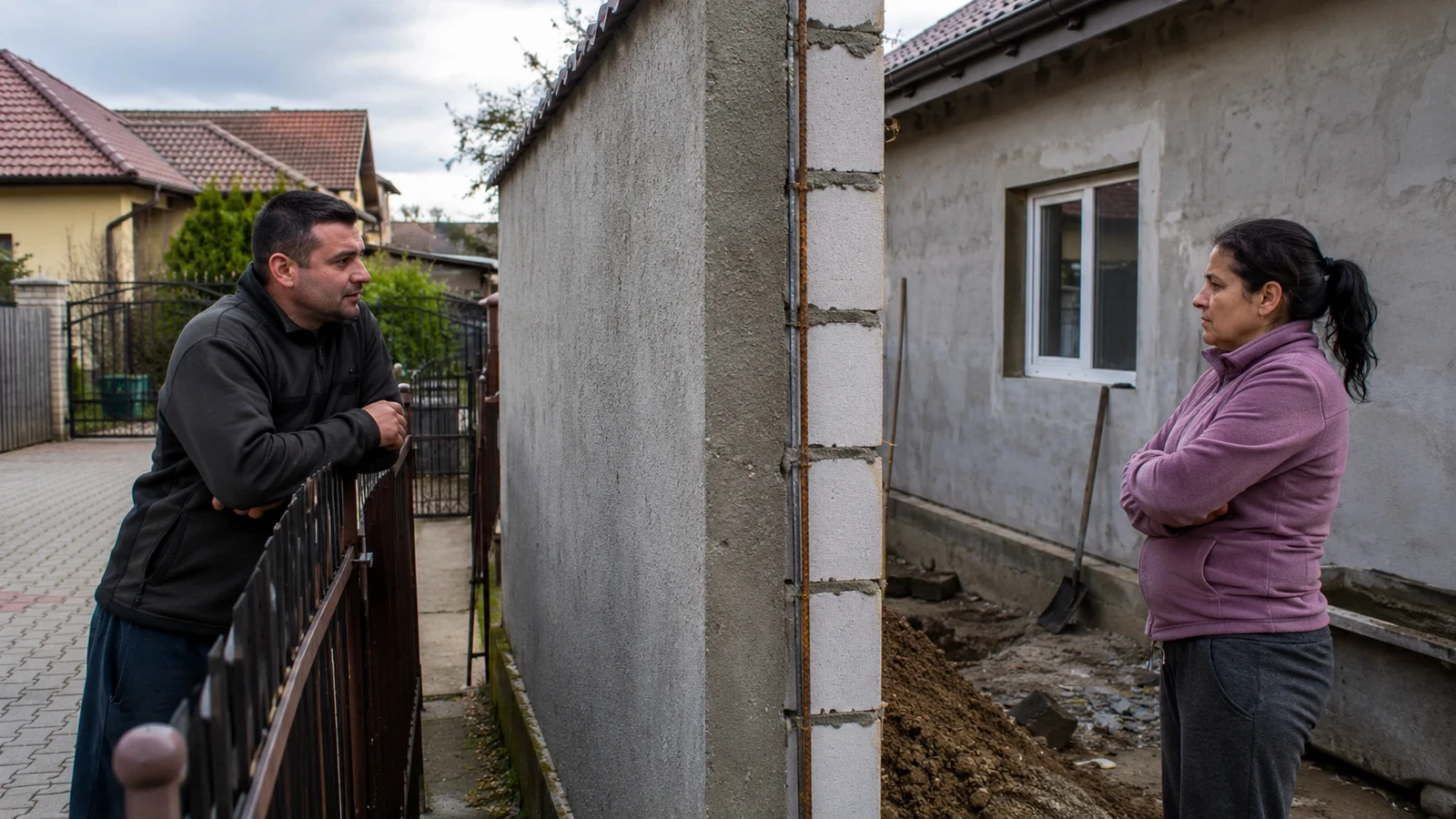 Spațiu în renovare și inspecția unui zid dintre proprietăți