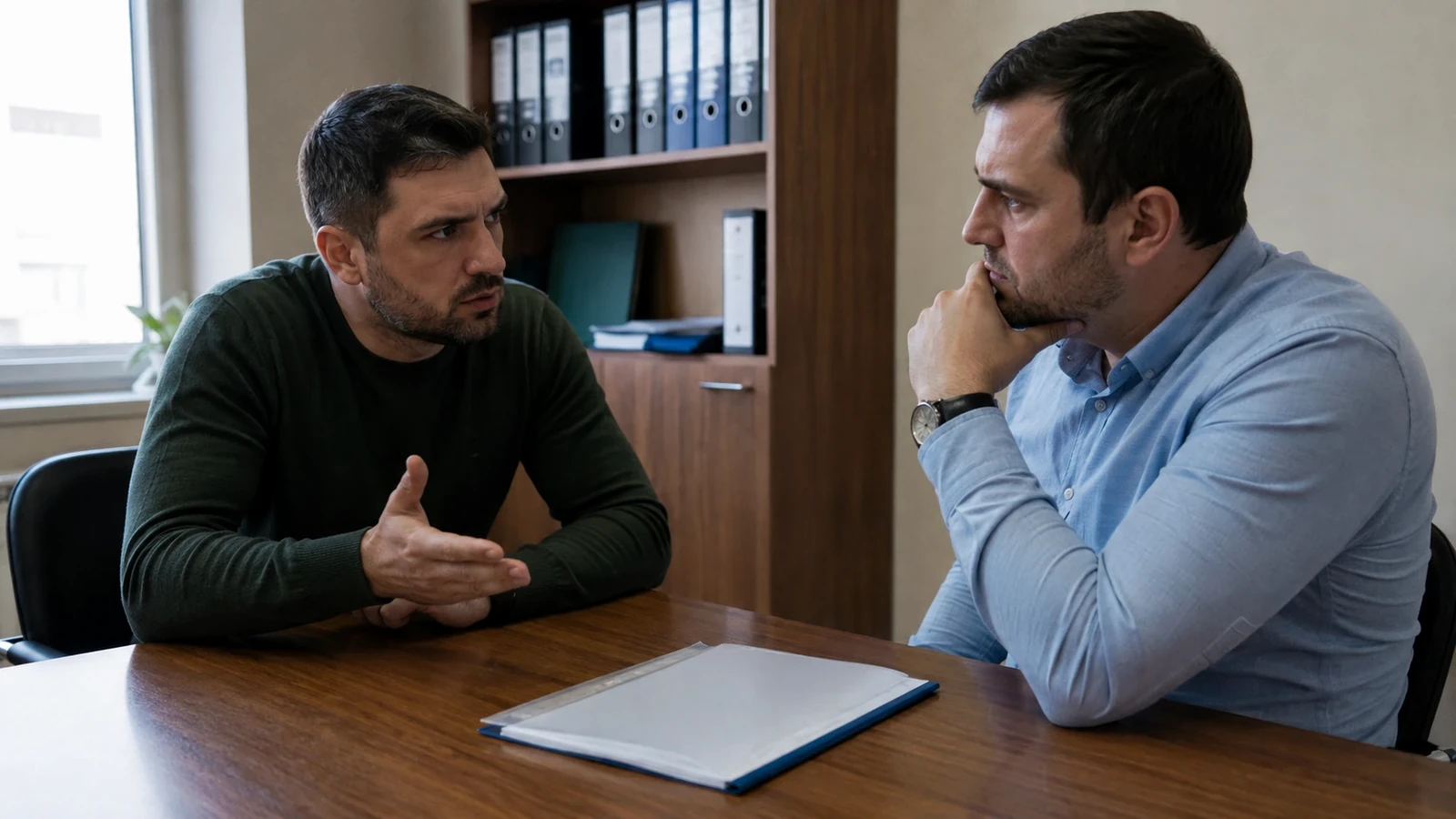 Doi profesioniști analizează documente la birou