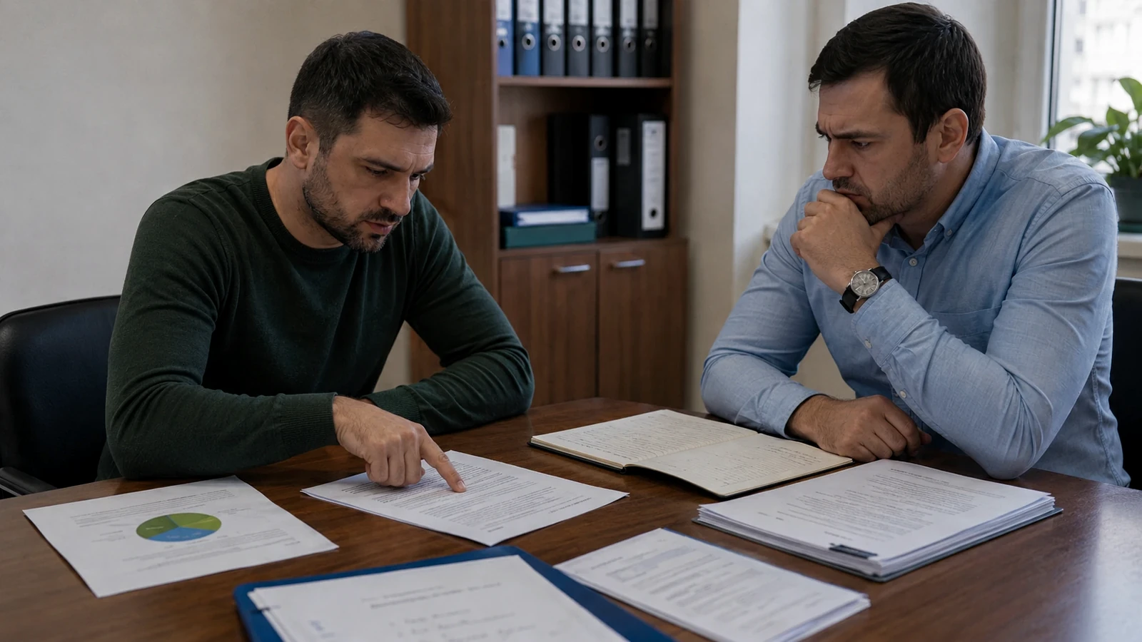 Masă de ședință cu documente și persoane care discută
