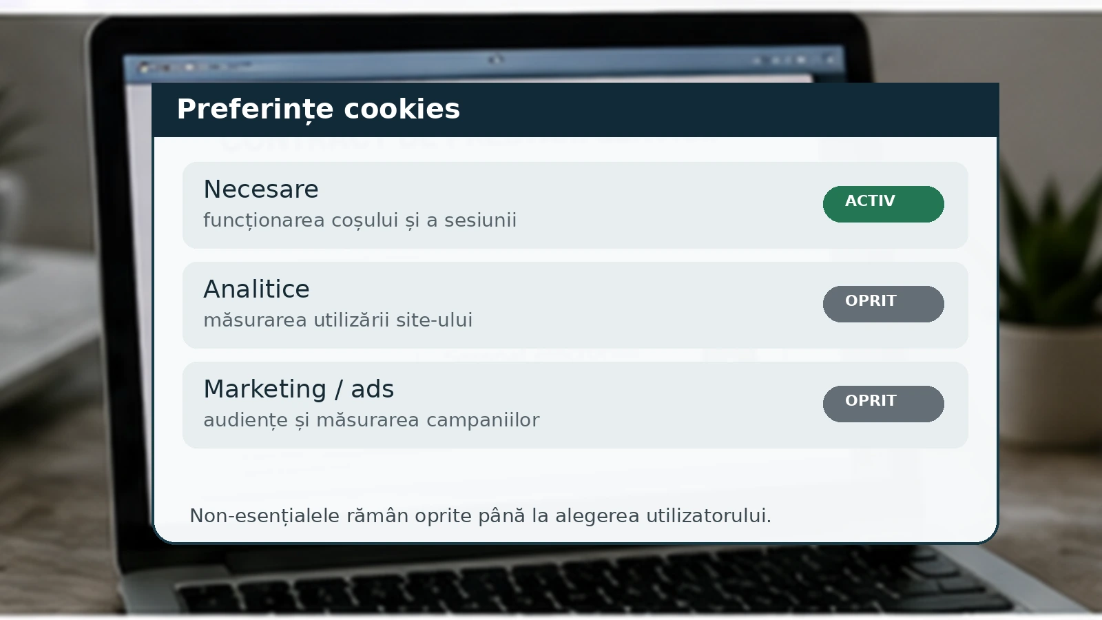 Interfață de preferințe cookies cu categorii separate