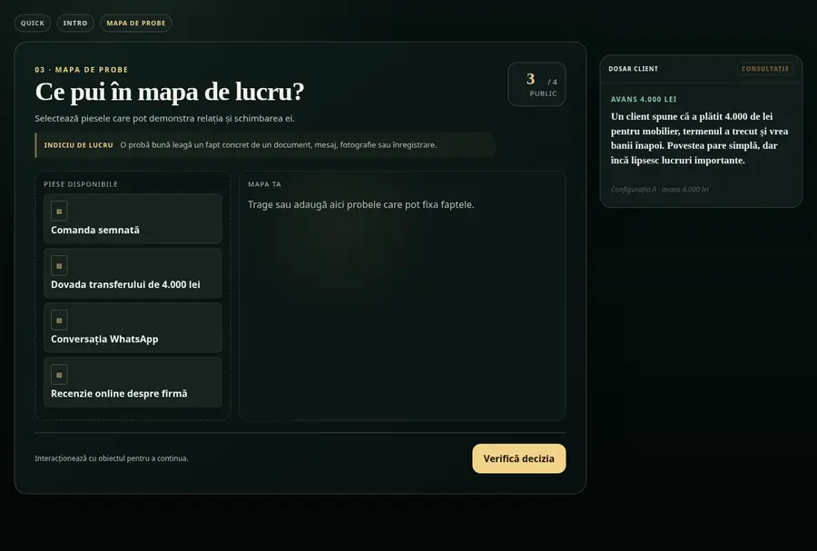 Interfață de lucru cu o mapă de probe